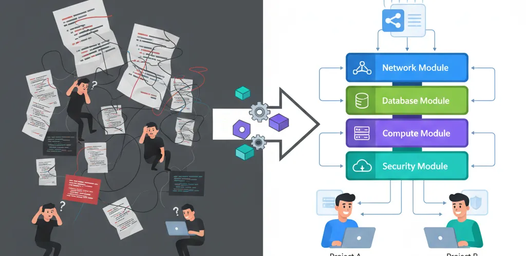 Blog post image for Organizing Terraform with Modules - Tired of messy Terraform code? Learn how to organize your infrastructure projects using modules. This guide explains why modules are essential for managing growing infrastructure, how to create and use them for reusable components, and the benefits of cleaner code, faster updates, and improved team collaboration. Keep your Terraform projects tidy and efficient!