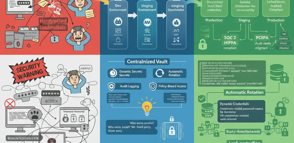 Blog post image for Multi-Environment Secret Management with HashiCorp Vault - Manage secrets securely across dev, staging, and production with HashiCorp Vault. This snippet demonstrates dynamic secret generation, rotation, and cross-environment secret syncing patterns.
