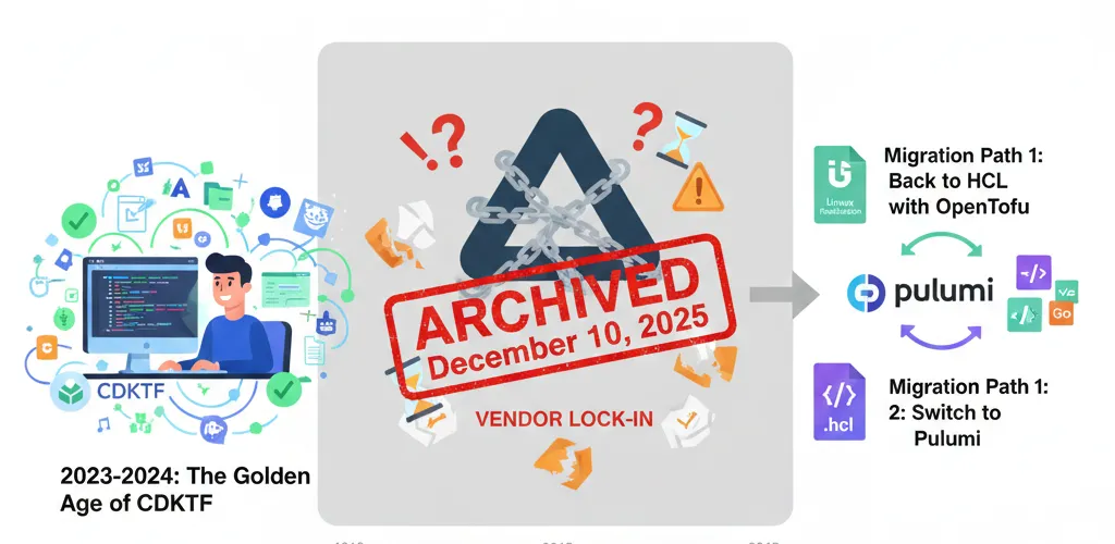 Blog post image for HashiCorp Pulls the Plug on CDKTF - HashiCorp just deprecated CDKTF as of December 10, 2025. If you built your infrastructure in TypeScript, Python, or Go to avoid HCL, here's what you need to know about your migration options and why vendor lock-in just bit again.
