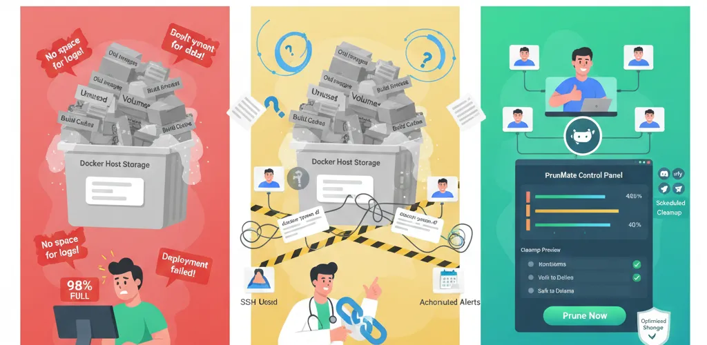 Blog post image for Docker Is Eating Your Disk Space (And How PruneMate Fixes It) - Your Docker host is slowly filling up with unused images, orphaned volumes, and stale build cache. Manual cleanup feels risky, and you might accidentally delete the wrong thing. Here's how PruneMate automates Docker maintenance across your home lab with scheduled cleanup, remote host support, and a clean interface that shows exactly what you're deleting before you commit.
