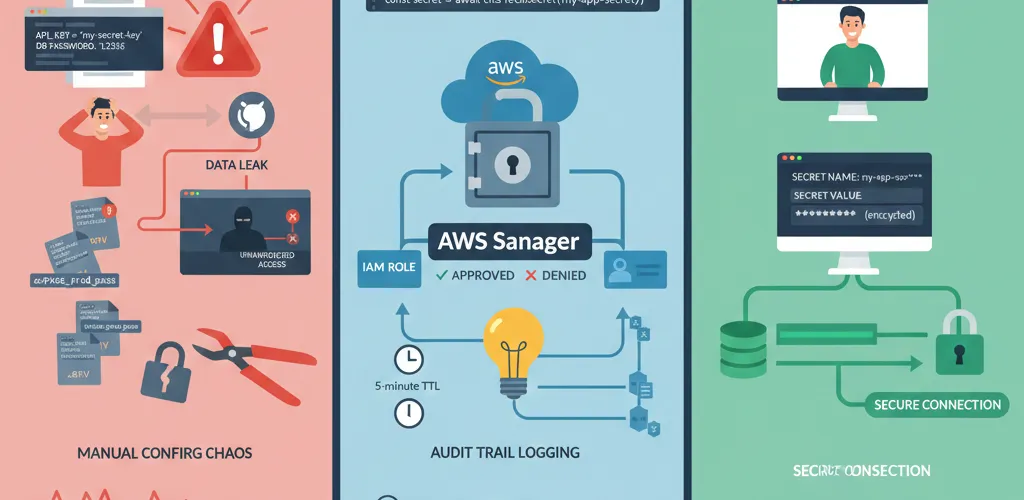 Blog post image for AWS Secrets Manager - Access secrets securely in your Node.js apps. This snippet demonstrates fetching sensitive data from AWS Secrets Manager.