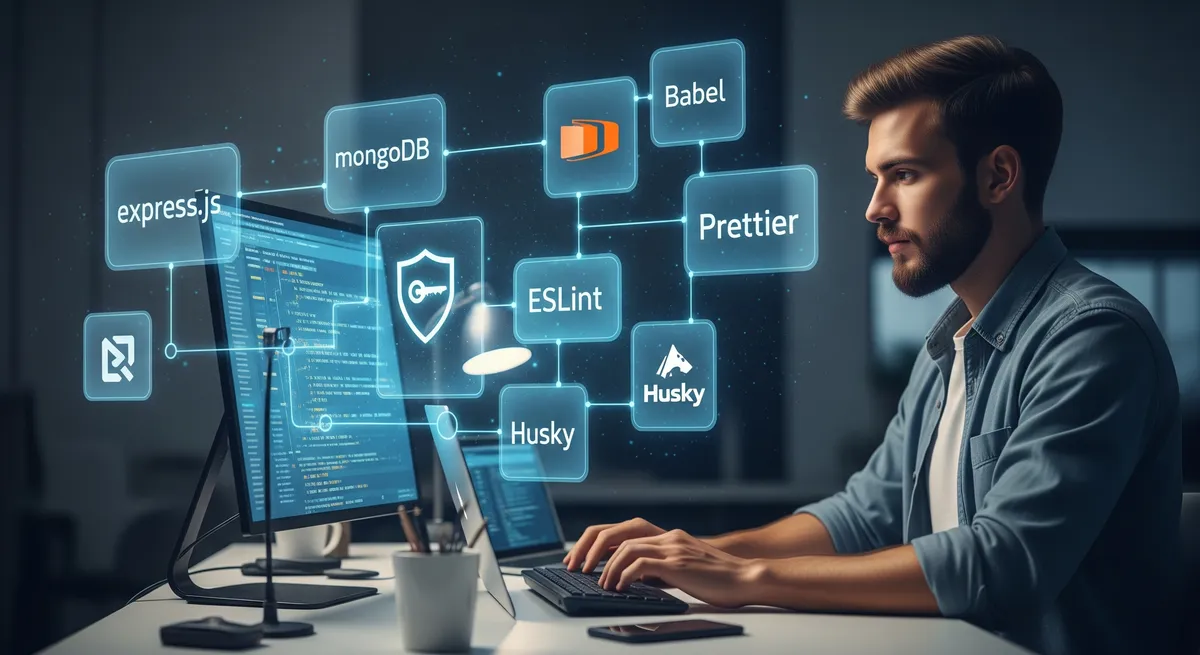 Blog post image for Setting up Node JS, Express, MongoDB, Prettier, ESLint and Husky Application with Babel and authentication as an example - Setting up Node JS, Express, MongoDB, Prettier, ESLint and Husky Application with Babel and authentication as an example.