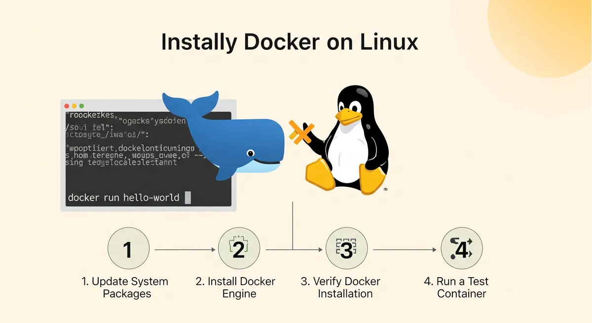 Blog post image for How To Install Docker On Linux In 4 Easy Steps! - This article guides you through the simple process of installing Docker on Linux in 4 easy steps. From updating the package index to running your first Docker container, you'll learn everything you need to get started with this powerful platform. By the end, you'll be able to take advantage of all the benefits Docker has to offer.