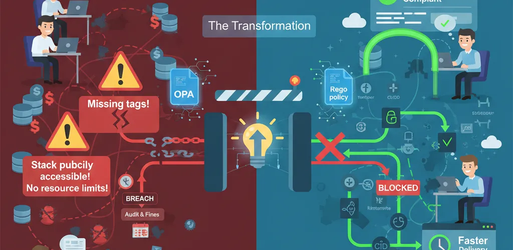 Blog post image for Policy-as-Code Governance with OPA/Rego - Learn how to enforce infrastructure standards across your DevOps pipeline using Open Policy Agent (OPA). This guide covers policy writing in Rego, integration with Terraform and Kubernetes, and automating compliance checks in CI/CD pipelines.