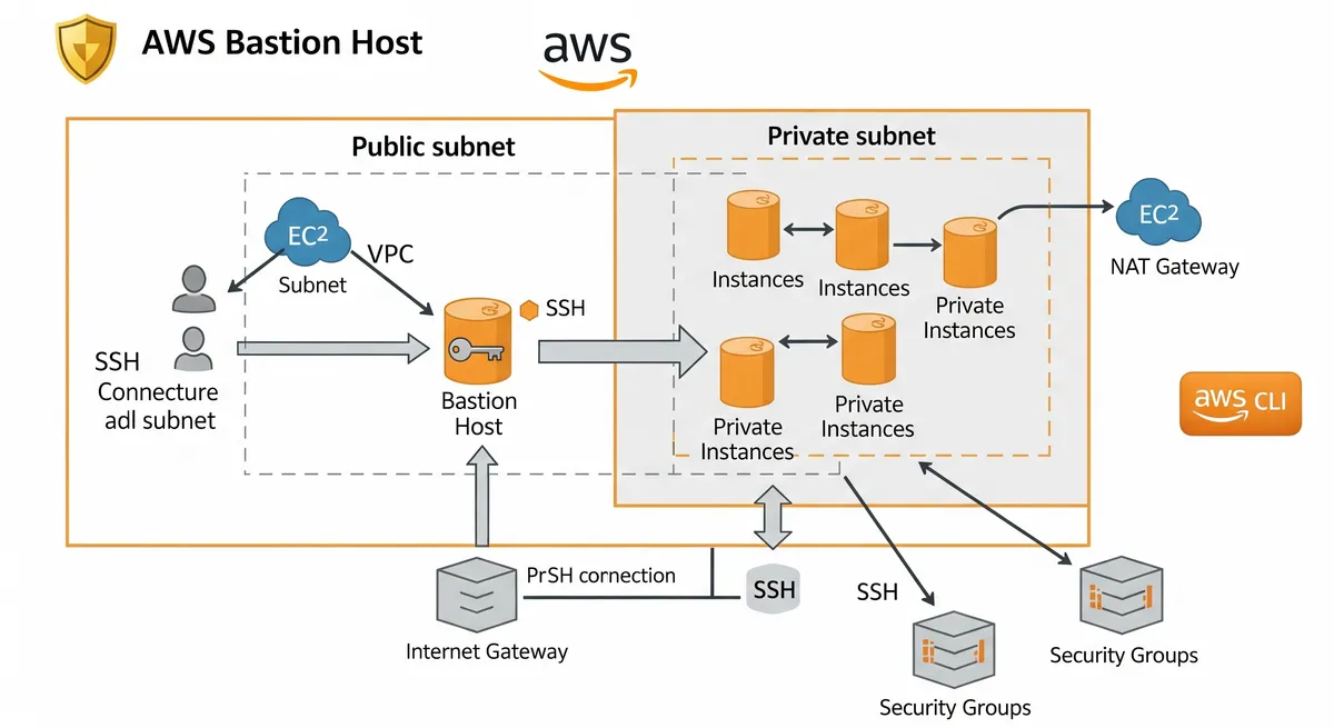 Blog post image for How To Setup Bastion Host on AWS using AWS CLI - In this post, we will learn the best practices of setting up a Bastion Host on AWS using the AWS CLI for secure and remote access to EC2 instances within a Virtual Private Cloud (VPC). We will guide you through creating a VPC, subnets, internet gateway, and configuring the Bastion Host with the appropriate permissions. This post is intended for those who are familiar with AWS and have some basic knowledge of networking and SSH.