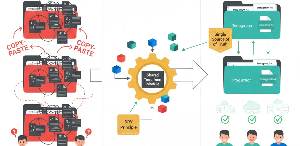 Blog post image for Managing Terraform at Scale with Terragrunt - Struggling with repetitive Terraform code across environments? Learn how Terragrunt and other wrappers help you keep your infrastructure DRY, manage state files, and scale your Terraform projects without the headaches. This guide covers why wrappers matter, how to implement them, and the benefits of cleaner code and easier multi-environment management.