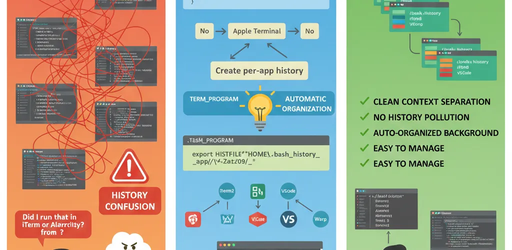 Blog post image for Per-App Shell History for Bash - Keep your Bash history organized across different terminal applications. This snippet automatically creates separate history files for each terminal emulator you use.