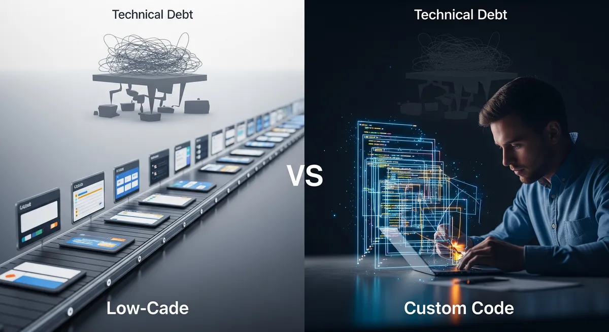Blog post image for Low-Code vs. Custom Code: Let's Talk About Speed and Tech Debt - Explore the crucial balance between development speed and technical debt when choosing between low-code and custom code. Learn when each approach shines, especially for internal tools like Retool.