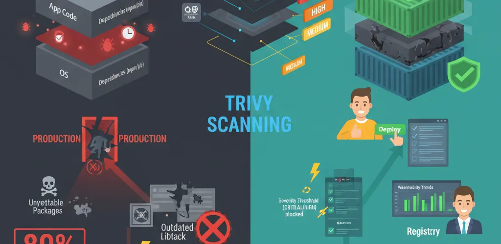 Blog post image for Container Image Vulnerability Scanning in CI/CD with Trivy - Learn how to automate container image vulnerability scanning in your CI/CD pipeline using Trivy. This guide covers setup, integration strategies, policy enforcement, and remediation workflows to secure your container supply chain.